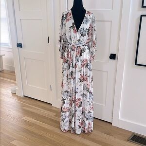 Baltic Born White and Pink Wrap Gown with Flutter Sleeves